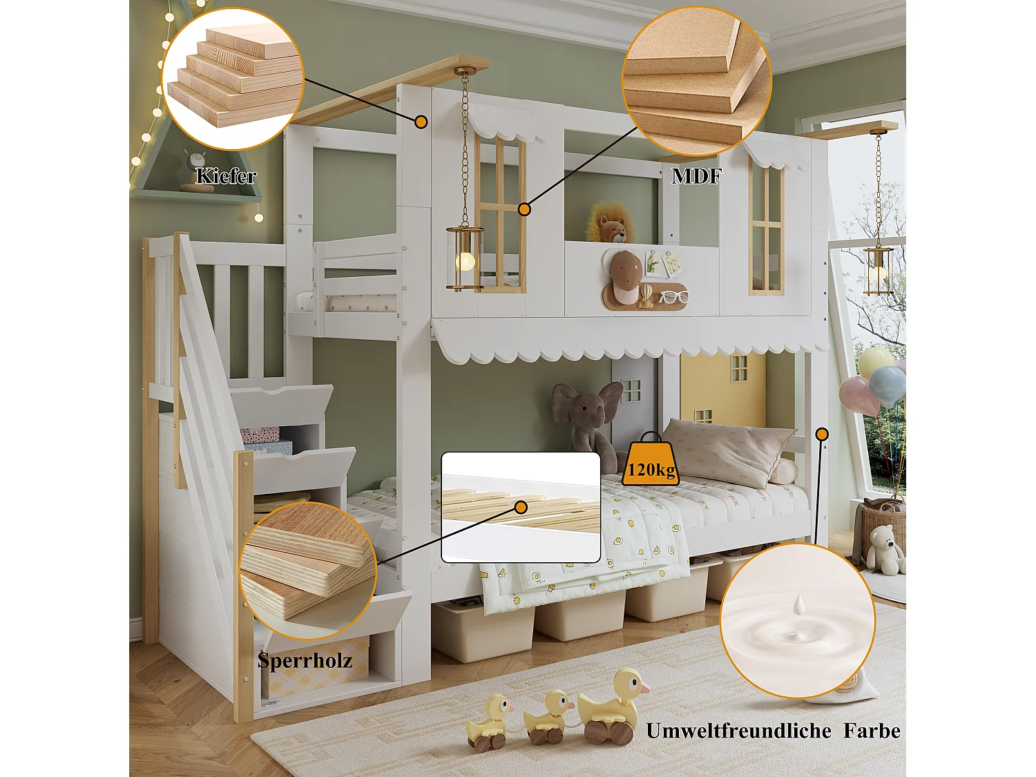 Litera infantil con escalera de almacenaje, ventanas decorativas y techo ondulado, pino + MDF, blanco + natural (252,5x97x201,5cm)