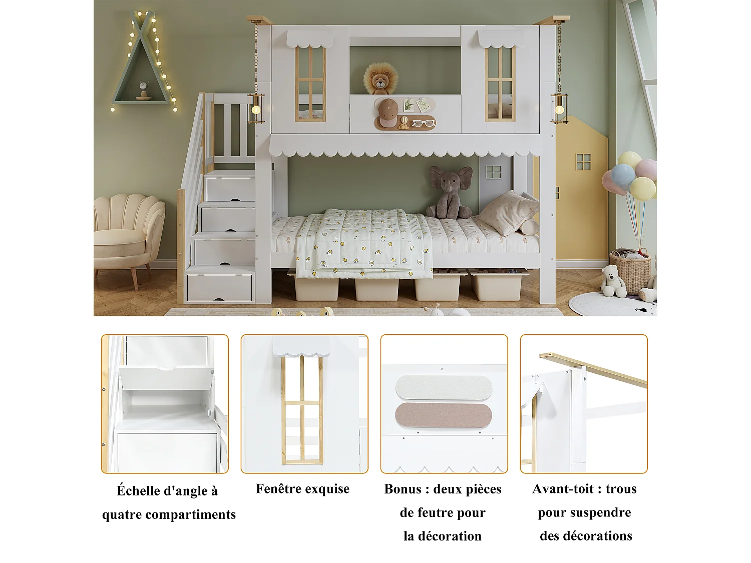 Litera infantil con escalera de almacenaje, ventanas decorativas y techo ondulado, pino + MDF, blanco + natural (252,5x97x201,5cm)