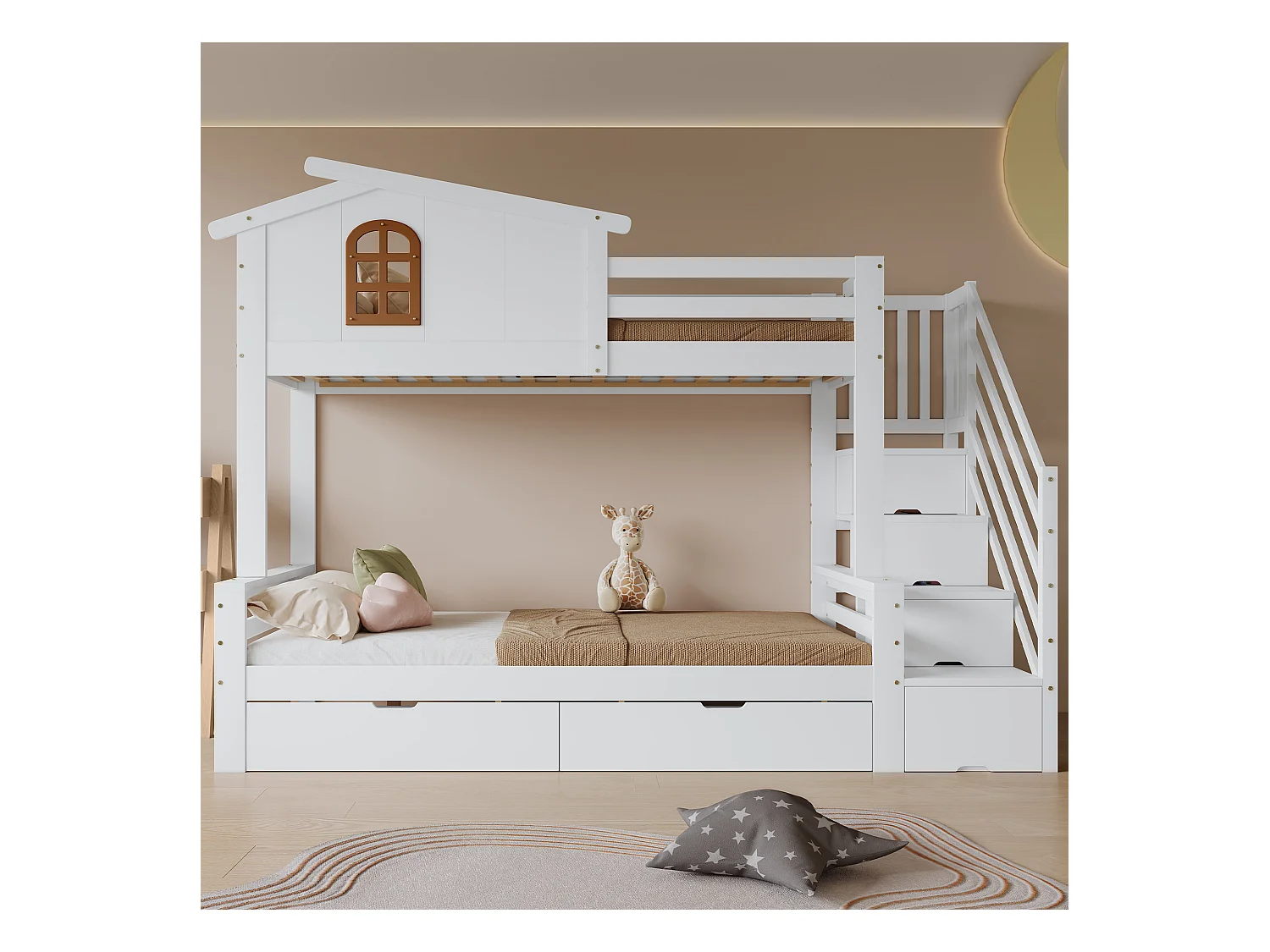 Lit superposé enfant avec 2 tiroirs, fenêtres, échelle angulaire, lattes renforcées, pin+MDF, blanc+nature (253x125x193.5cm)