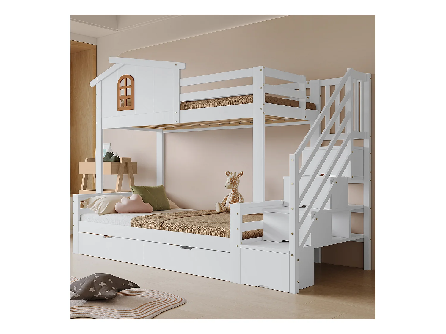 Litera infantil con 2 cajones, ventanas, escalera en ángulo, láminas reforzadas, pino + MDF, blanco + natural (253x125x193,5cm)