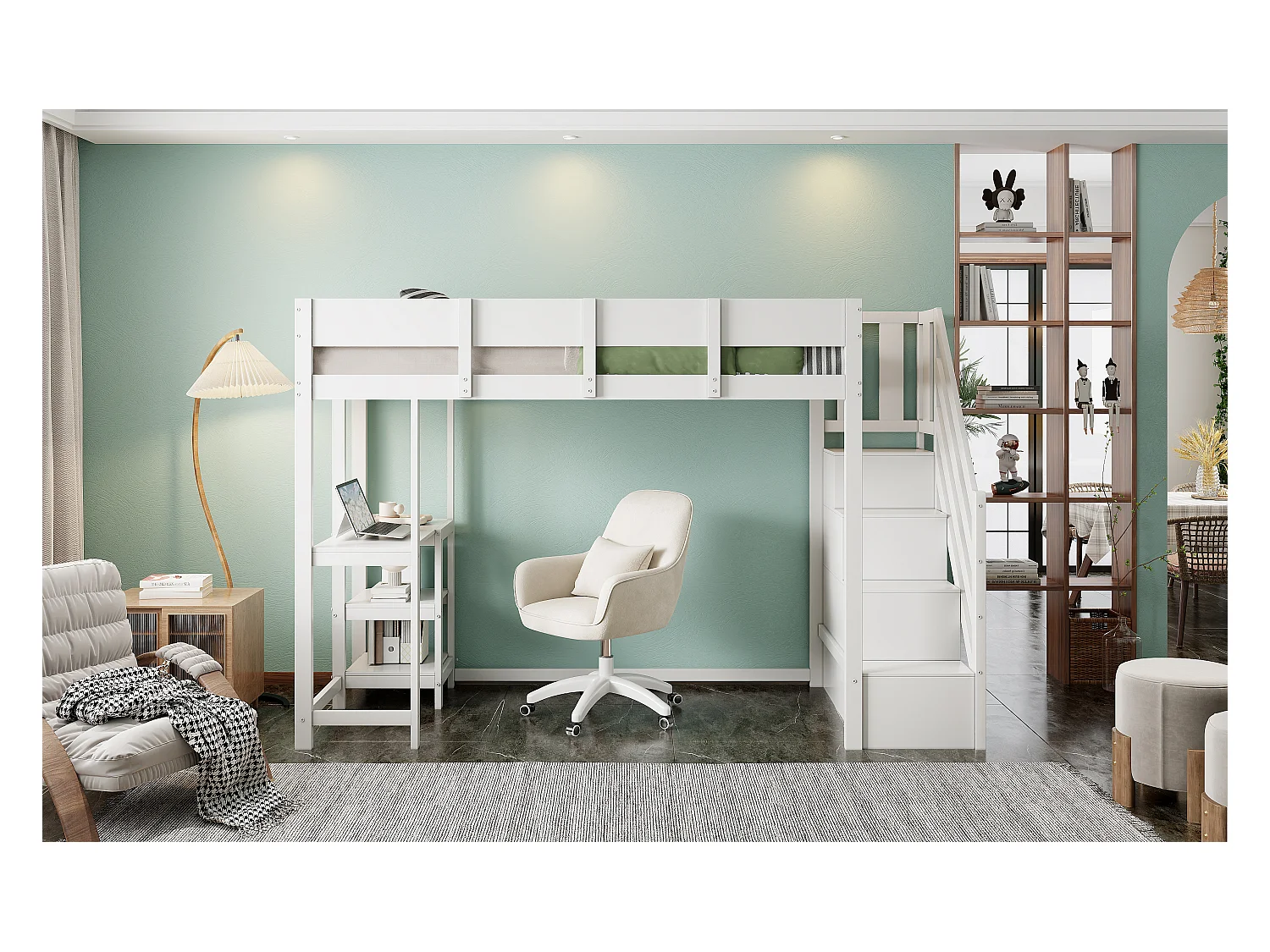 Letto a castello multifunzionale con contenitore e ripiano, in legno massello di pino, bianco (90x200 cm)