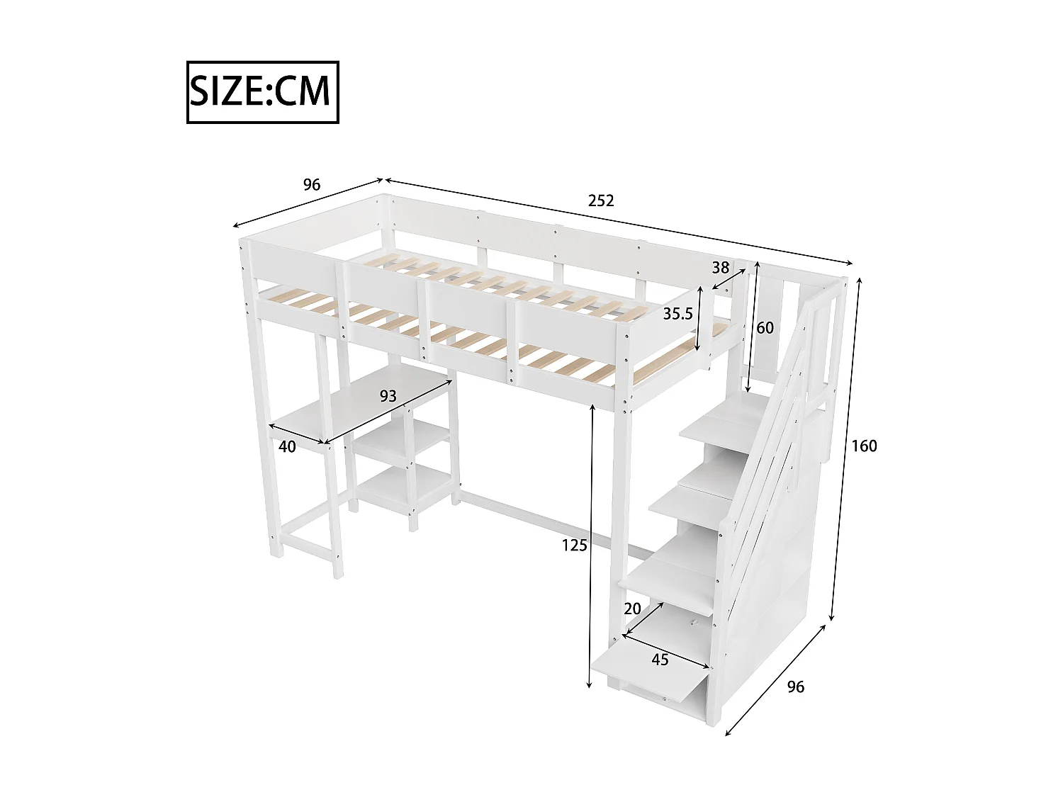 Letto a castello multifunzionale con contenitore e ripiano, in legno massello di pino, bianco (90x200 cm)