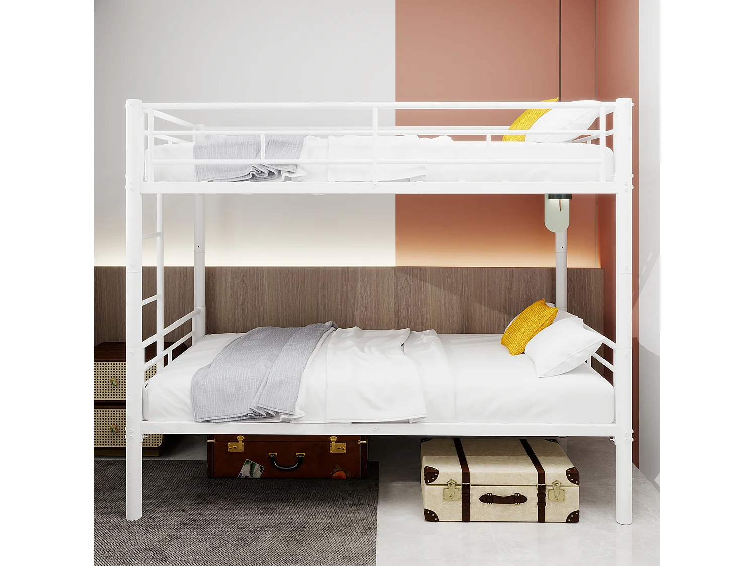 Letto a castello matrimoniale in metallo per bambini, struttura robusta con scaletta e spondina di sicurezza, trasformabile in 2 letti, bianco (196x103x156 cm)