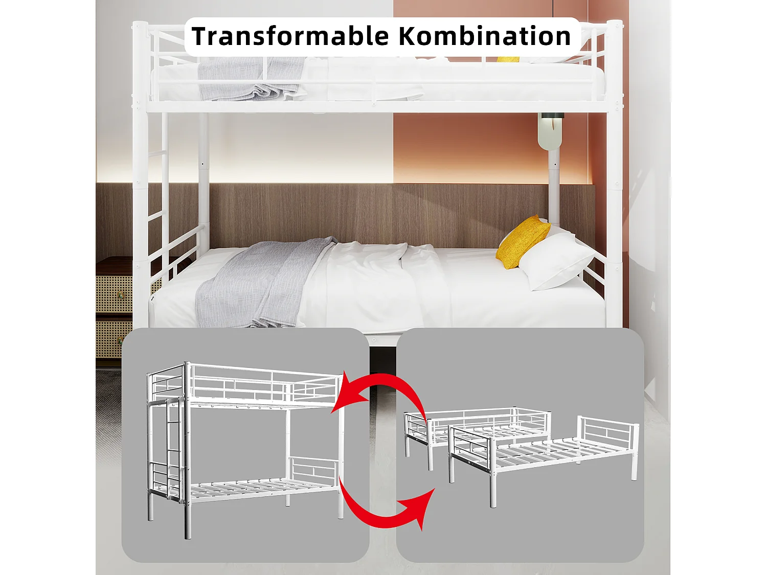 Letto a castello matrimoniale in metallo per bambini, struttura robusta con scaletta e spondina di sicurezza, trasformabile in 2 letti, bianco (196x103x156 cm)