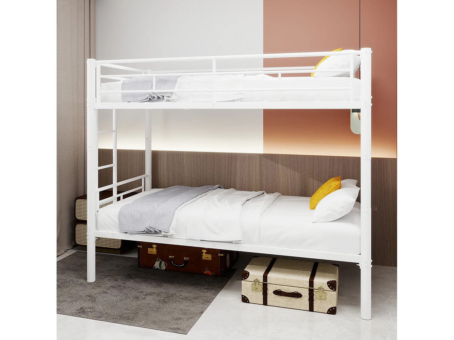 Letto a castello matrimoniale in metallo per bambini, struttura robusta con scaletta e spondina di sicurezza, trasformabile in 2 letti, bianco (196x103x156 cm)