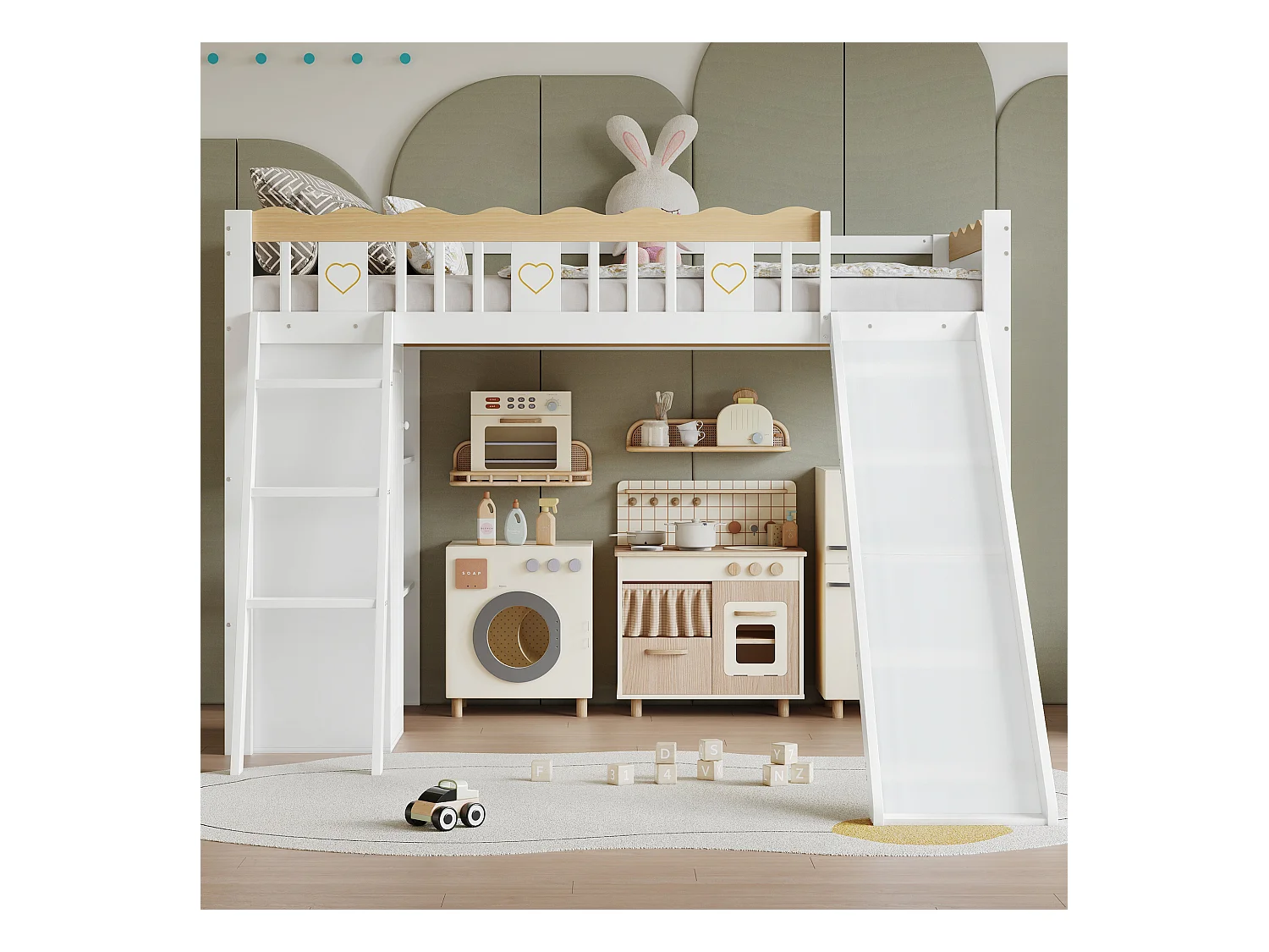 Kinderstapelbed met glijbaan, kledingkast en opberglade, grenen + MDF, wit + naturel (231,5x205x136cm)