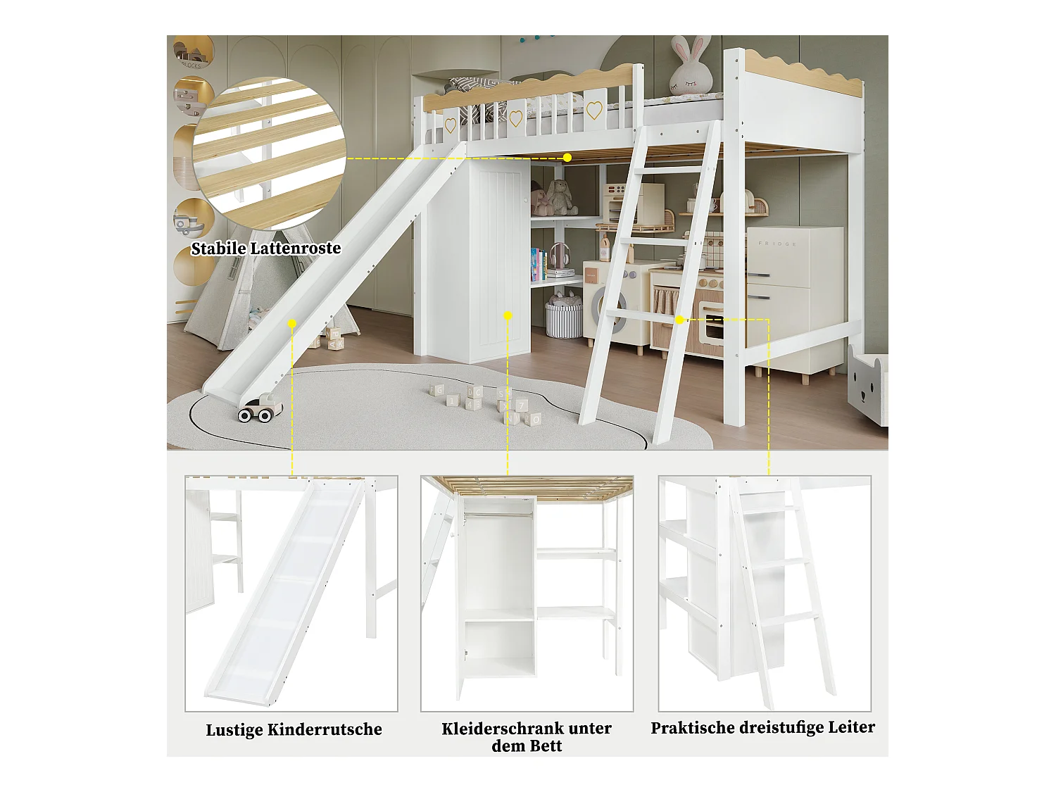 Kinderstapelbed met glijbaan, kledingkast en opberglade, grenen + MDF, wit + naturel (231,5x205x136cm)