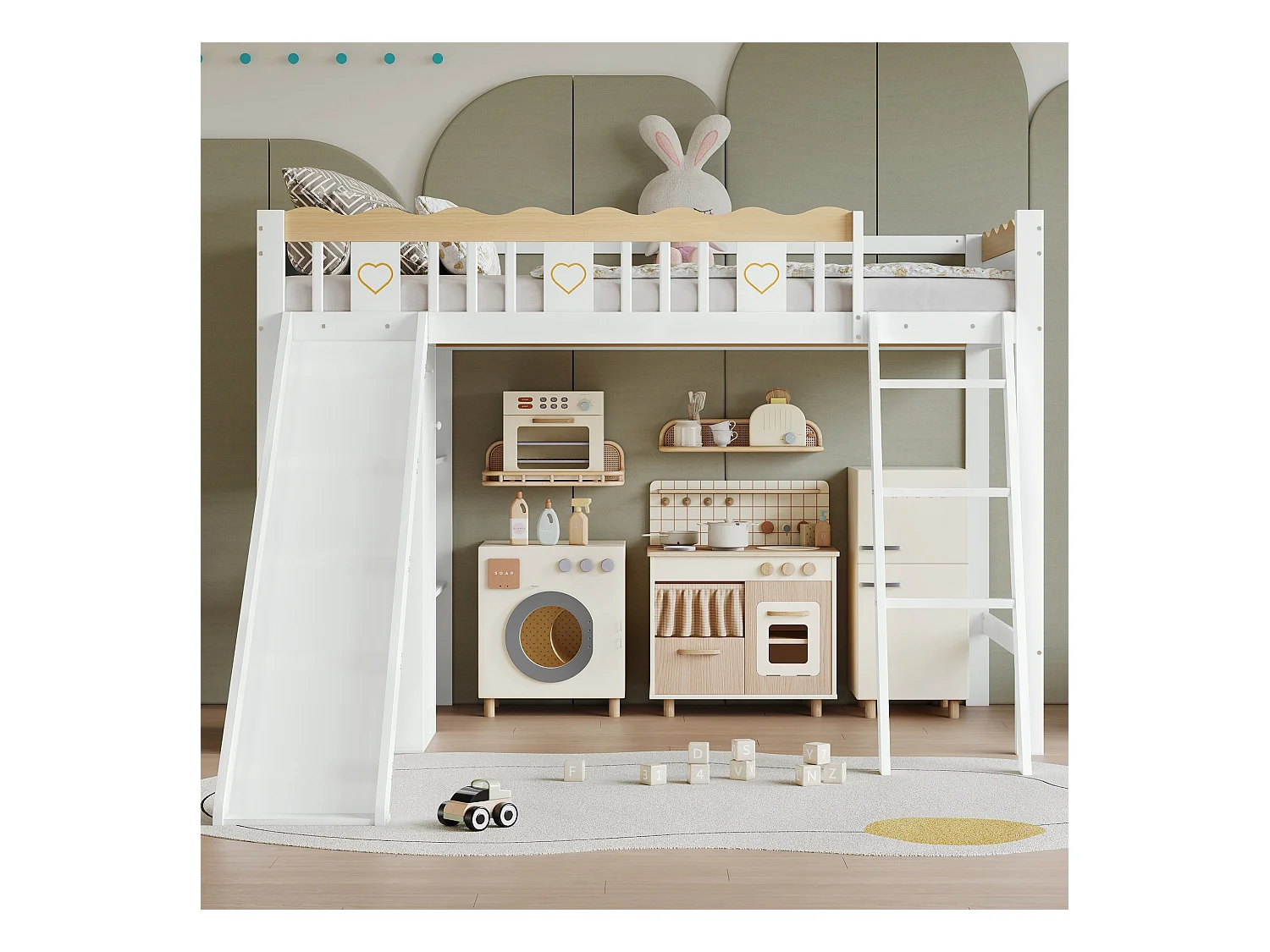 Litera infantil con tobogán, armario y cajón de almacenaje, pino + MDF, blanco + natural (231,5x205x136cm)