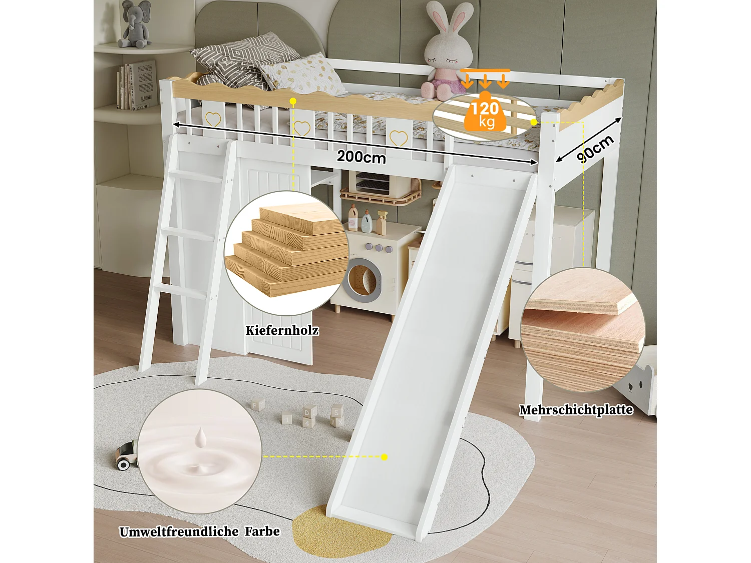 Litera infantil con tobogán, armario y cajón de almacenaje, pino + MDF, blanco + natural (231,5x205x136cm)