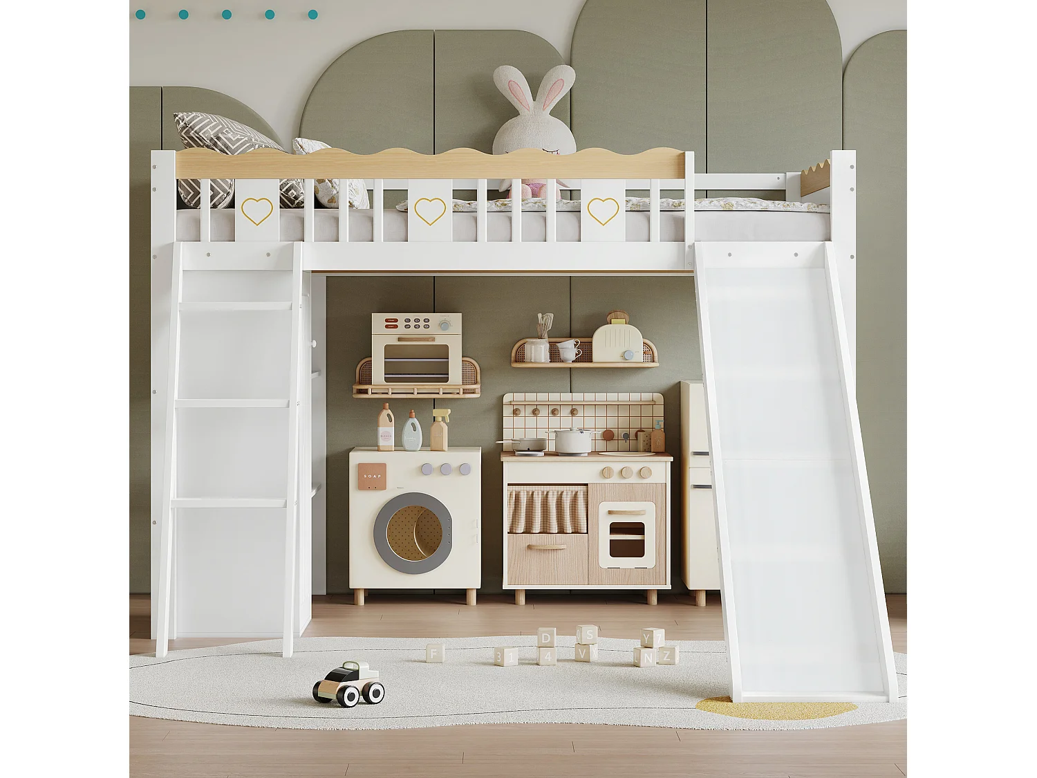 Litera infantil con tobogán, armario y cajón de almacenaje, pino + MDF, blanco + natural (231,5x205x136cm)