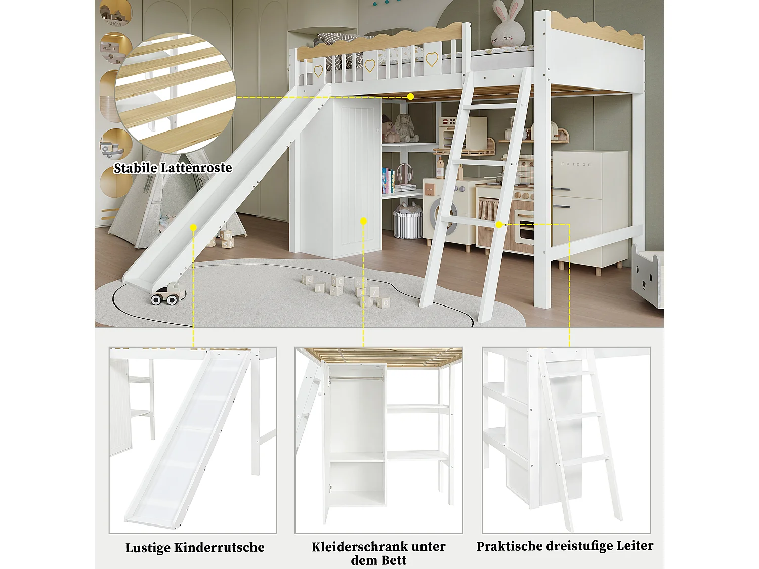 Litera infantil con tobogán, armario y cajón de almacenaje, pino + MDF, blanco + natural (231,5x205x136cm)
