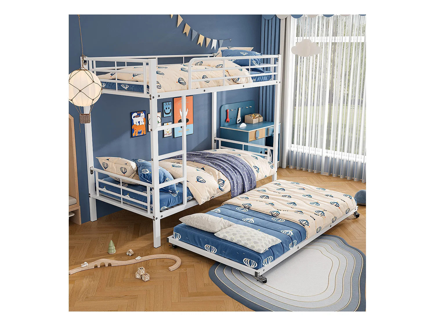 Stapelbed van metaal met uitschuifbaar bed, veilig voor kinderen en tieners, wit (204x95x160cm)