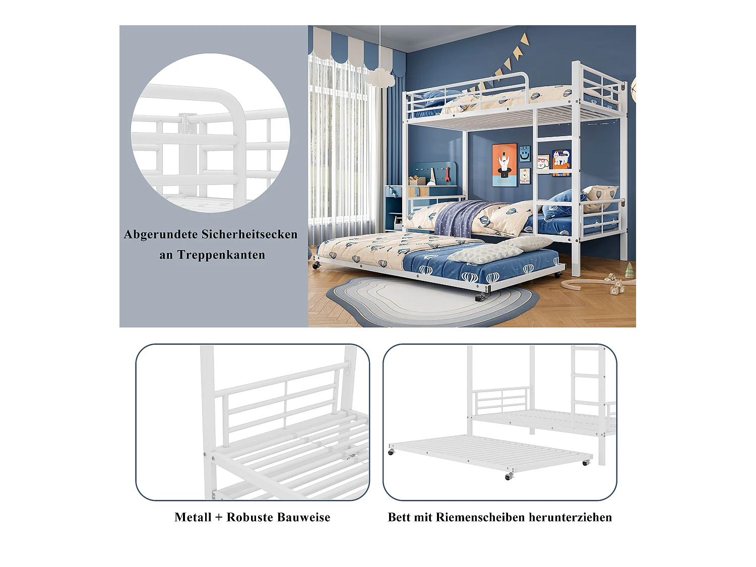 Stapelbed van metaal met uitschuifbaar bed, veilig voor kinderen en tieners, wit (204x95x160cm)