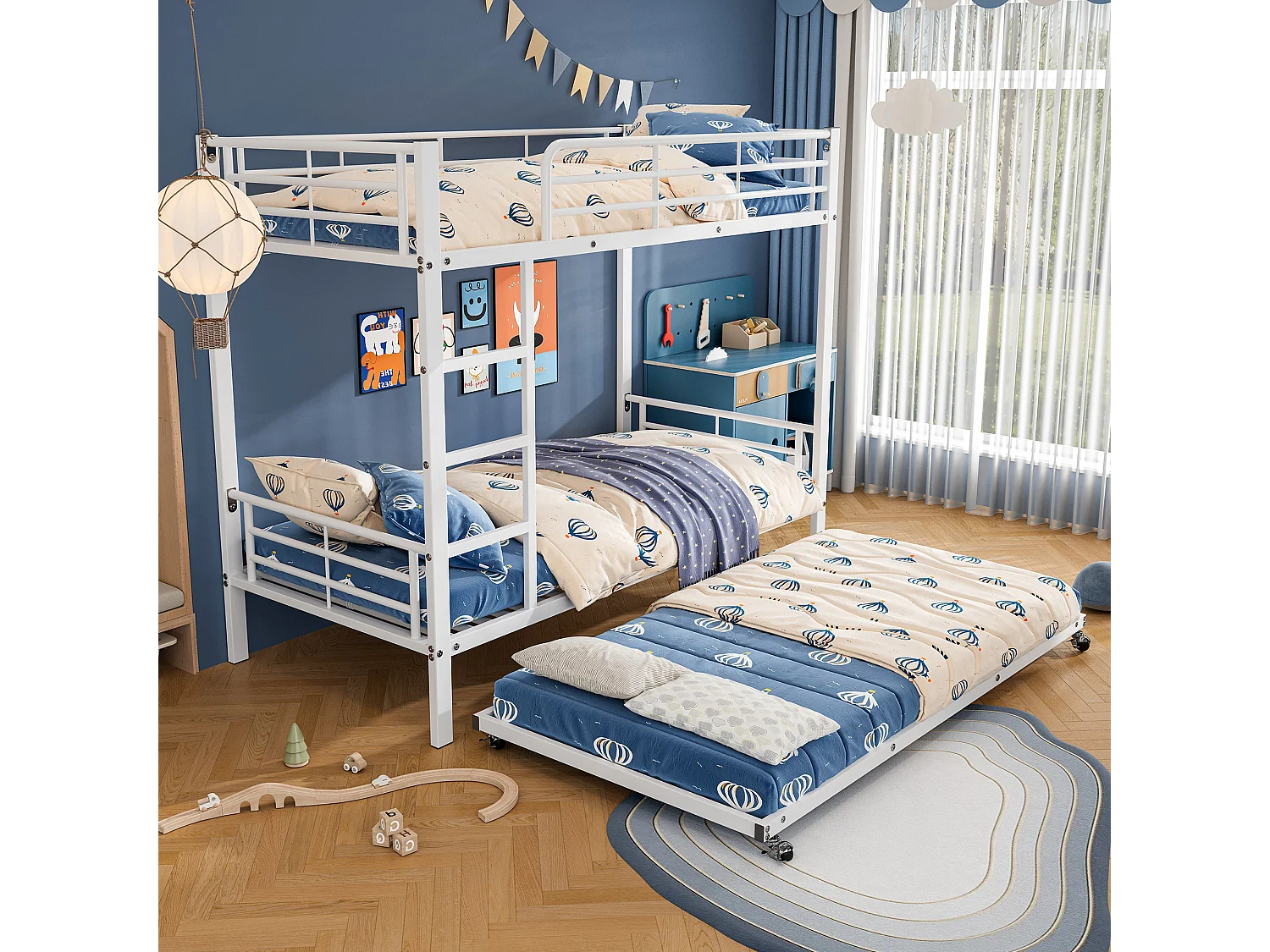 Letto a castello in metallo con letto estraibile, sicuro per bambini e adolescenti, bianco (204x95x160 cm)