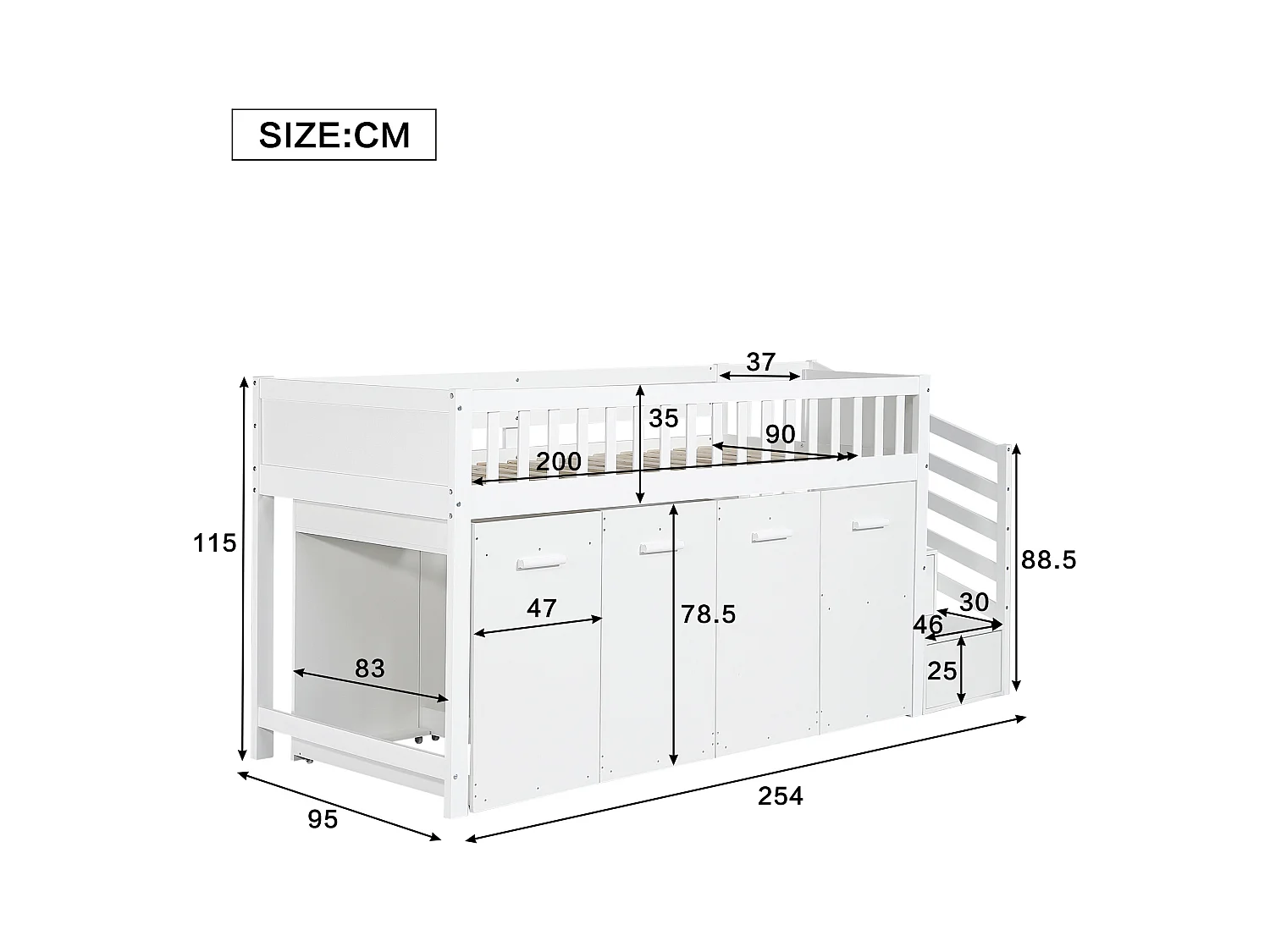Letto a castello multifunzionale con scrivania, armadio e cassetti portaoggetti, pino e MDF, bianco (254x95x115cm)