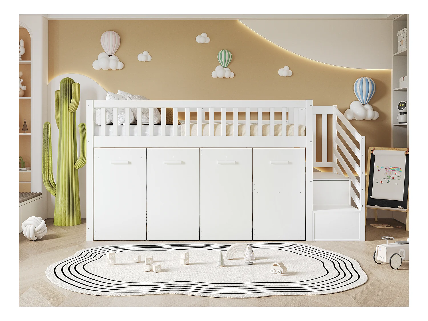 Letto a castello multifunzionale con scrivania, armadio e cassetti portaoggetti, pino e MDF, bianco (254x95x115cm)