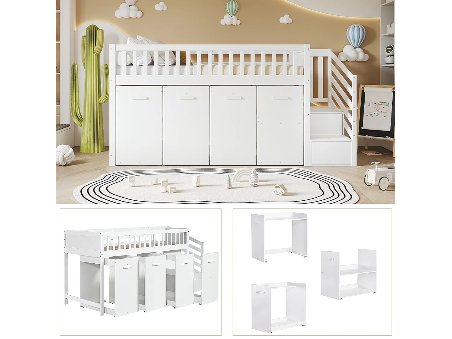 Lit superposé multifonction avec bureau, garde-robe et tiroirs de rangement, pin et MDF, blanc (254x95x115cm)