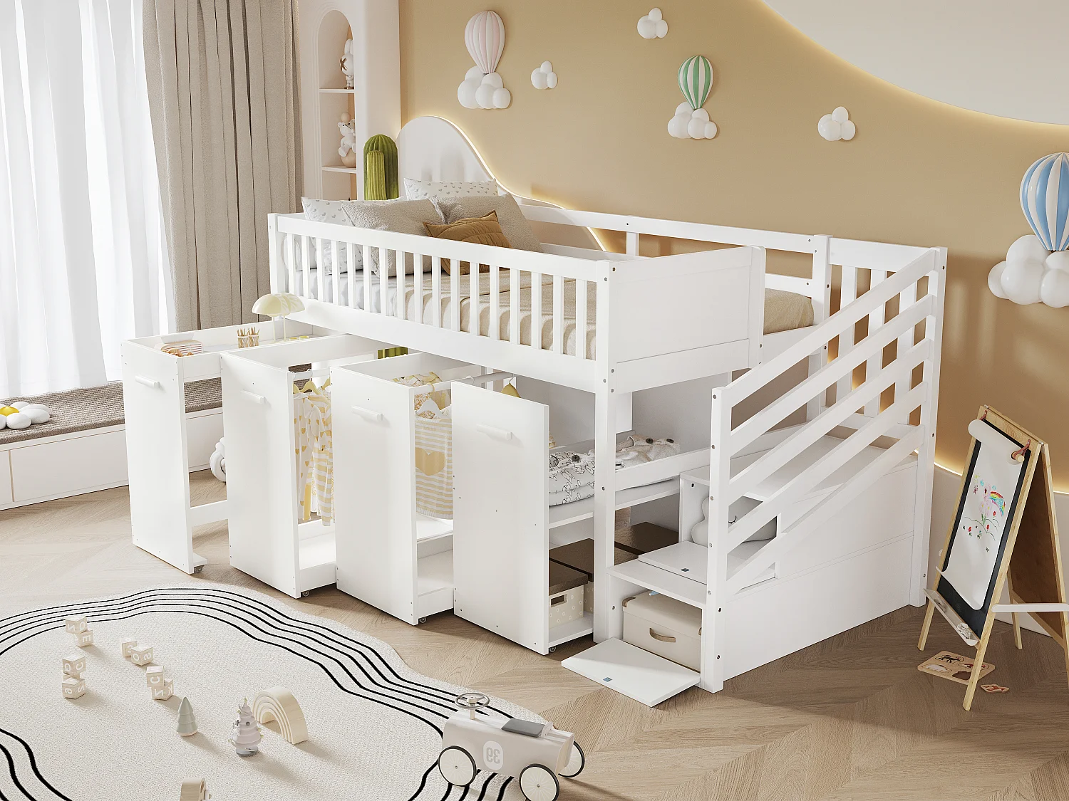 Lit superposé multifonction avec bureau, garde-robe et tiroirs de rangement, pin et MDF, blanc (254x95x115cm)