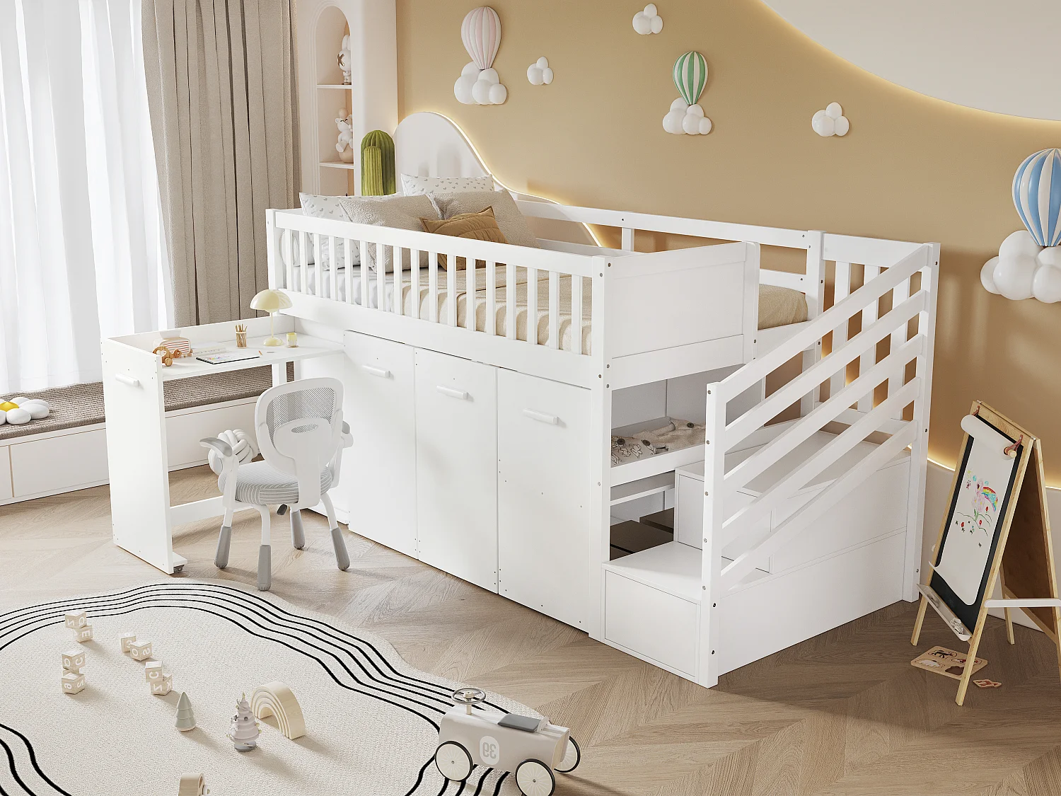 Lit superposé multifonction avec bureau, garde-robe et tiroirs de rangement, pin et MDF, blanc (254x95x115cm)