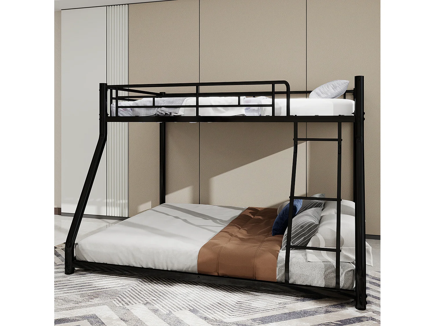 Letto a castello in metallo con due letti singoli, robusta struttura in ferro, con scaletta e spondina di protezione integrata, nero (196x140x156 cm)