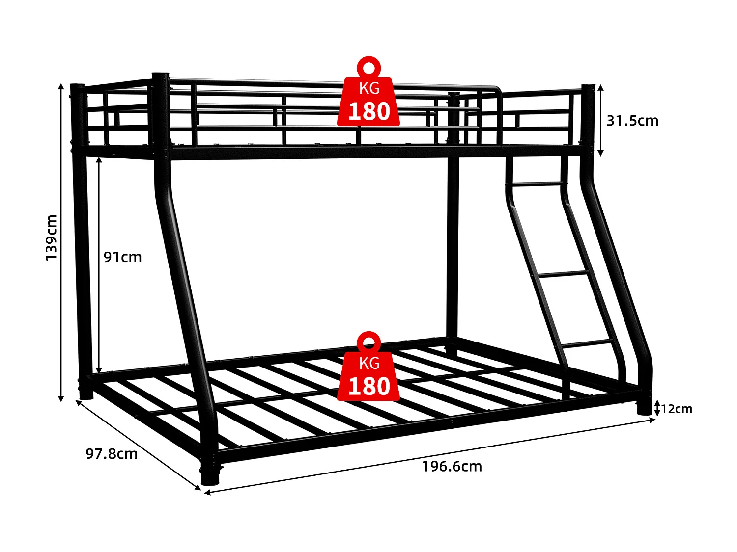 Letto a castello in metallo con due letti singoli, robusta struttura in ferro, con scaletta e spondina di protezione integrata, nero (196x140x156 cm)