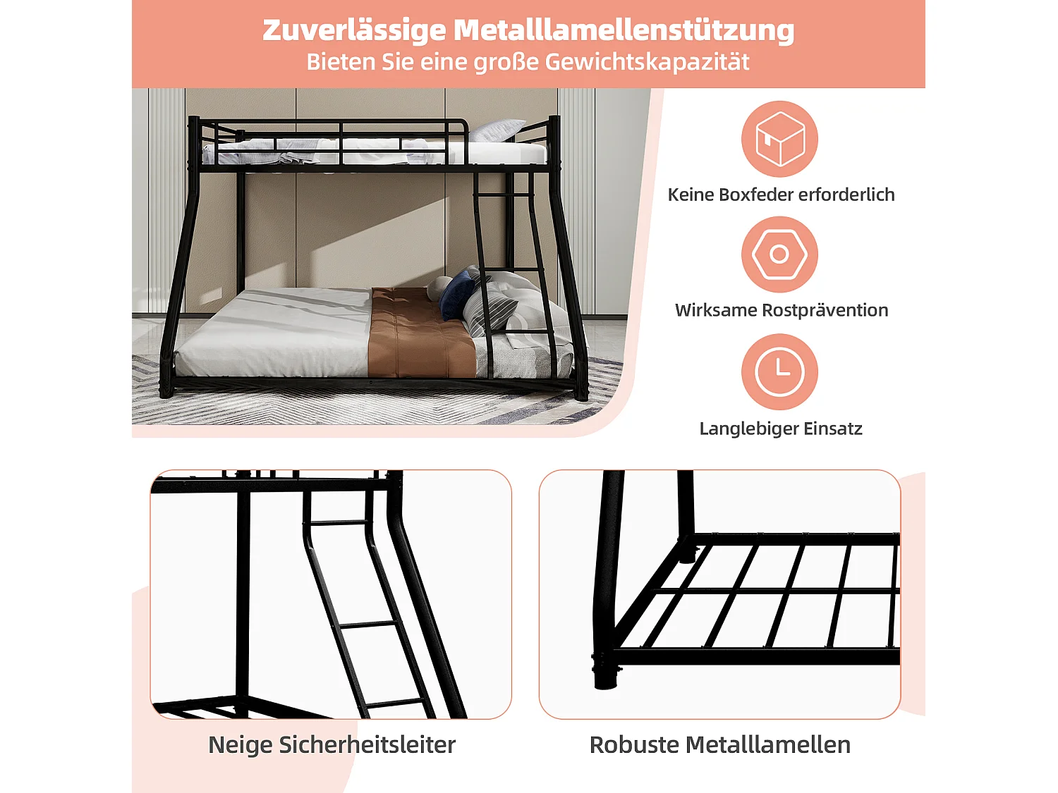 Letto a castello in metallo con due letti singoli, robusta struttura in ferro, con scaletta e spondina di protezione integrata, nero (196x140x156 cm)