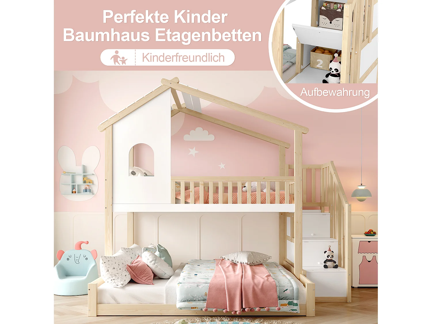 Lit superposé en forme de cabane, pin massif, blanc et naturel, avec échelle et rangement intégré (271x145x208.5cm)