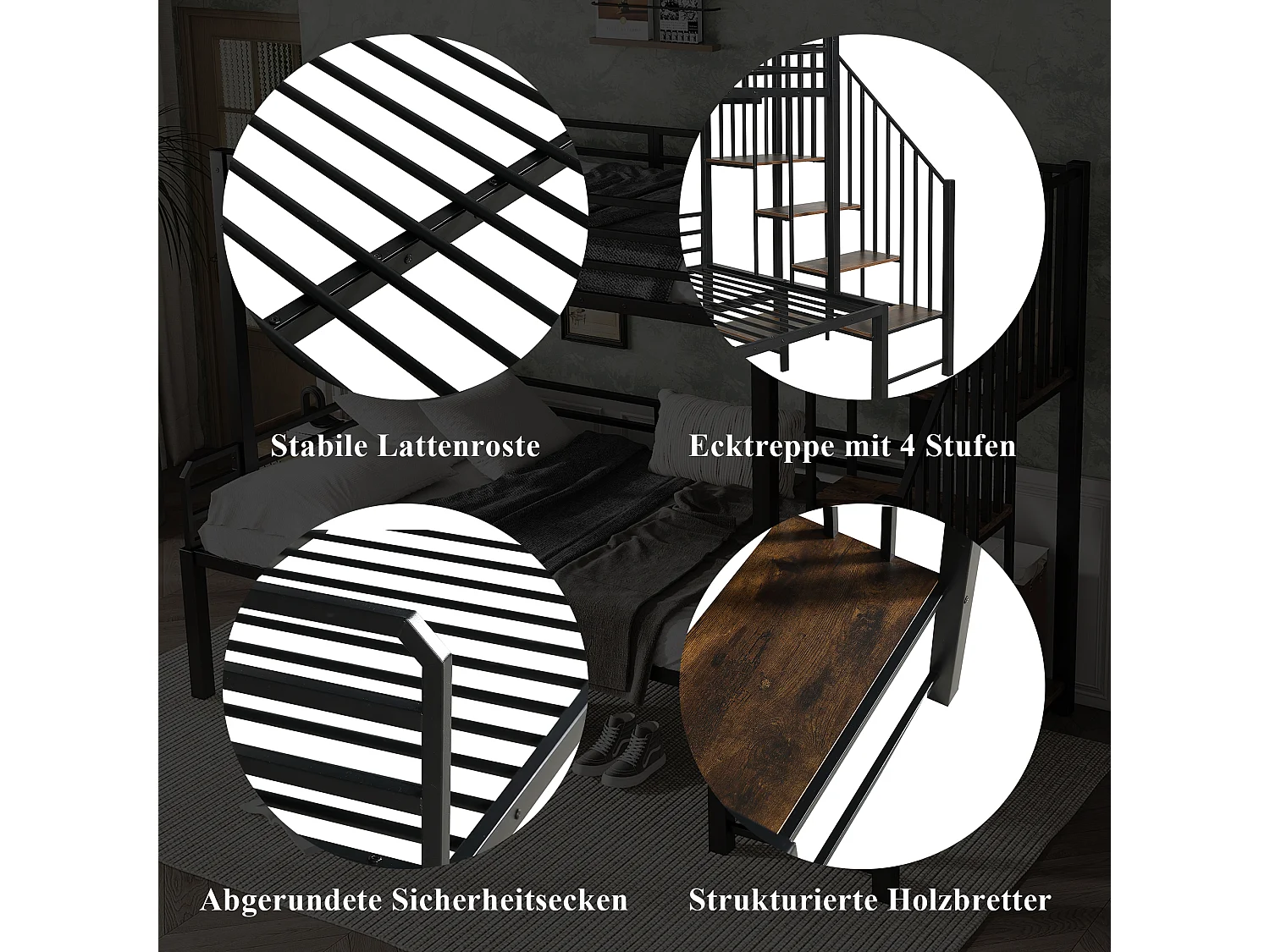 Lit superposé avec escalier intégré et rangement, métal et MDF, noir et vintage, pour enfants et adolescents (257x124x160cm)