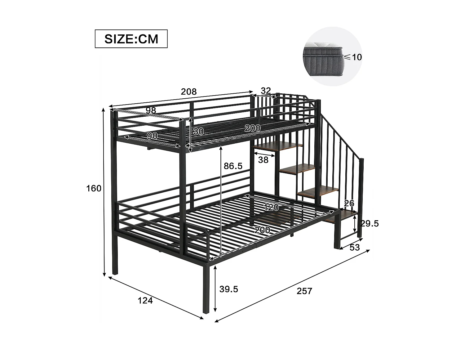 Lit superposé avec escalier intégré et rangement, métal et MDF, noir et vintage, pour enfants et adolescents (257x124x160cm)