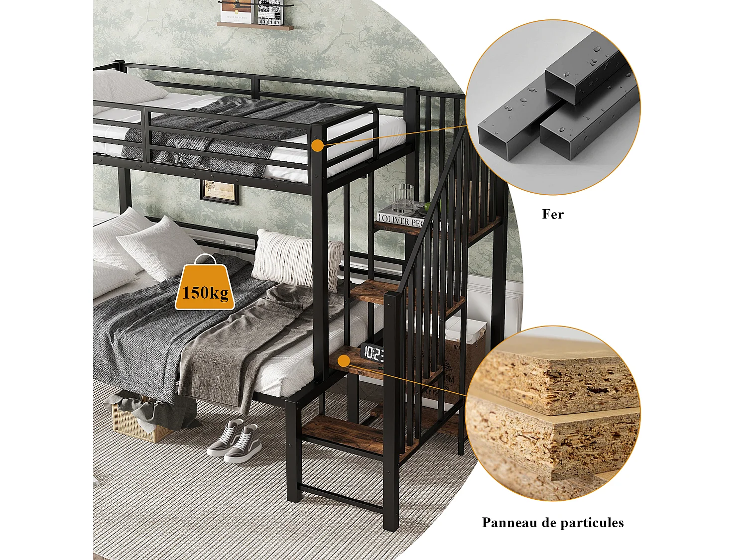 Lit superposé avec escalier intégré et rangement, métal et MDF, noir et vintage, pour enfants et adolescents (257x124x160cm)