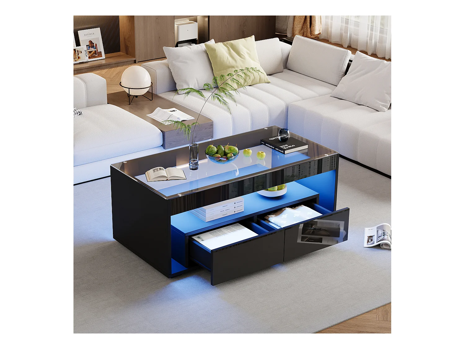 Table basse moderne avec éclairage LED 16 couleurs, 2 tiroirs spacieux, verre trempé et panneau de particules, noir (110x50x40cm)