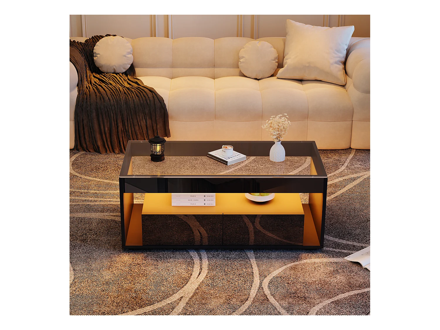 Table basse moderne avec éclairage LED 16 couleurs, 2 tiroirs spacieux, verre trempé et panneau de particules, noir (110x50x40cm)