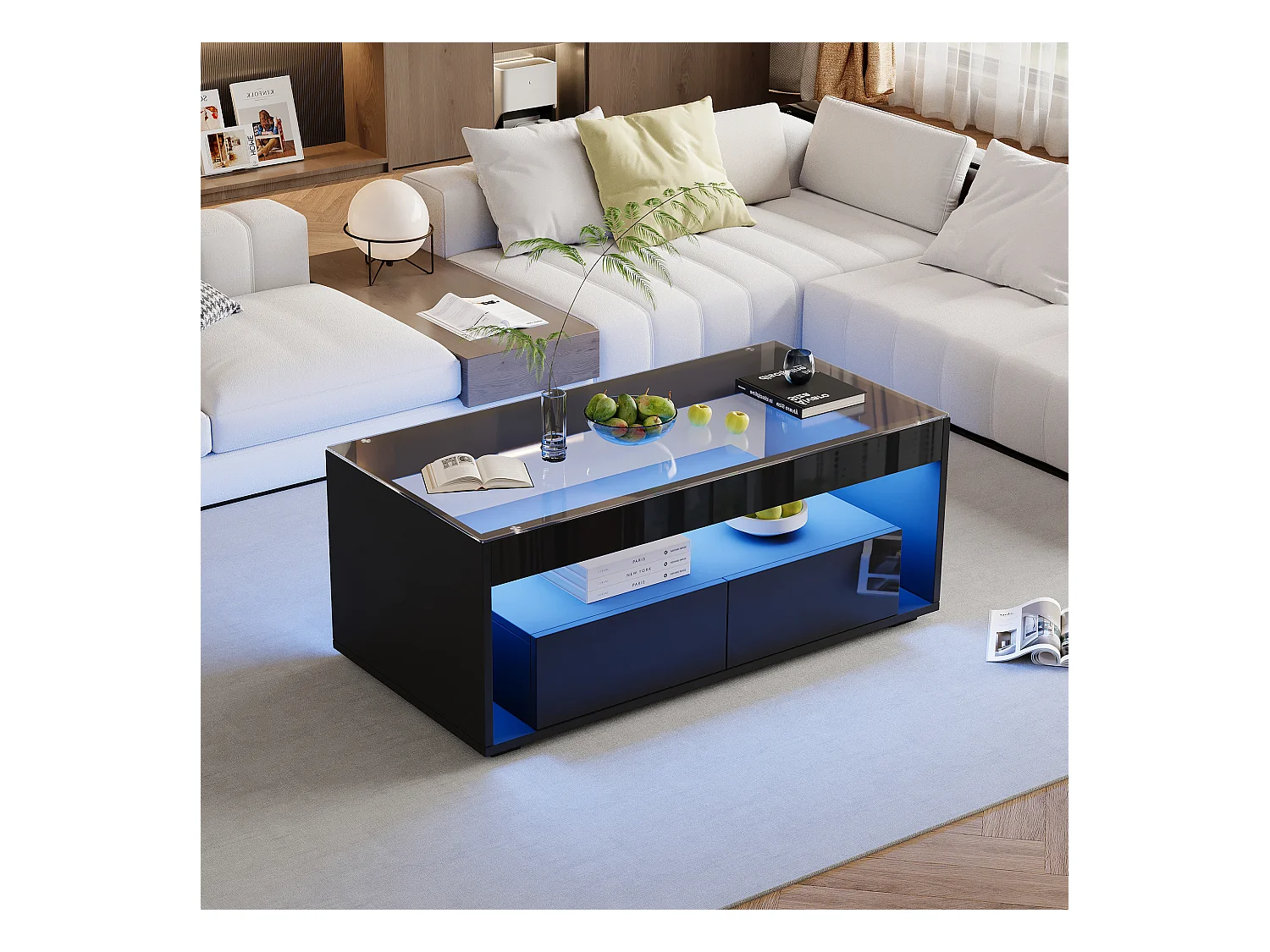 Table basse moderne avec éclairage LED 16 couleurs, 2 tiroirs spacieux, verre trempé et panneau de particules, noir (110x50x40cm)