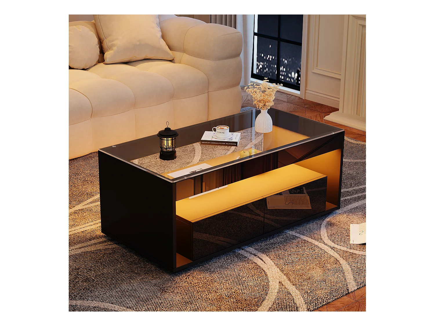 Table basse moderne avec éclairage LED 16 couleurs, 2 tiroirs spacieux, verre trempé et panneau de particules, noir (110x50x40cm)