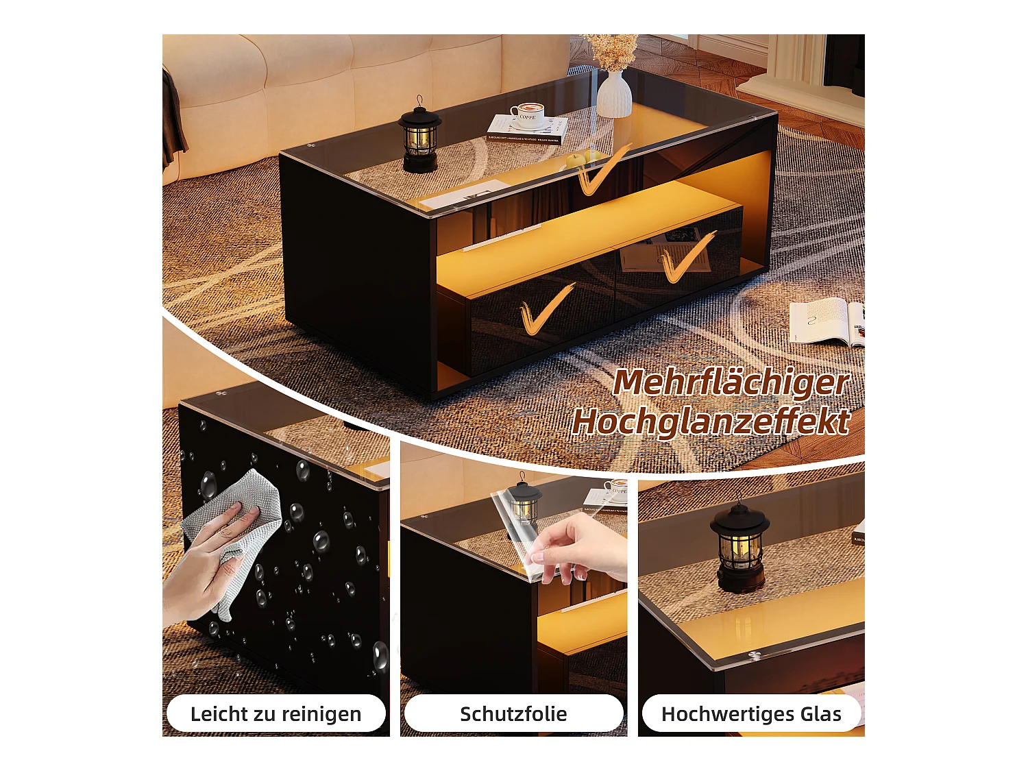 Table basse moderne avec éclairage LED 16 couleurs, 2 tiroirs spacieux, verre trempé et panneau de particules, noir (110x50x40cm)