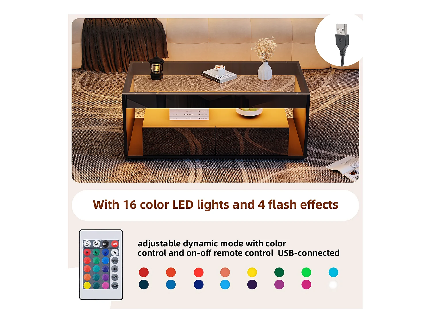 Table basse moderne avec éclairage LED 16 couleurs, 2 tiroirs spacieux, verre trempé et panneau de particules, noir (110x50x40cm)