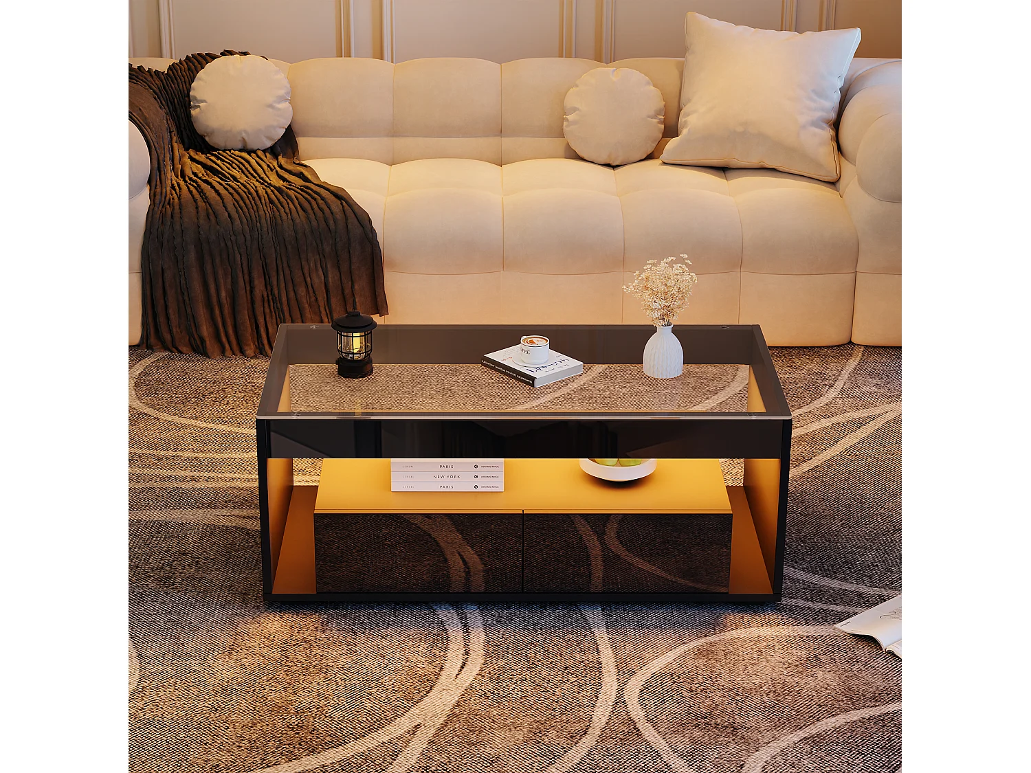 Table basse moderne avec éclairage LED 16 couleurs, 2 tiroirs spacieux, verre trempé et panneau de particules, noir (110x50x40cm)