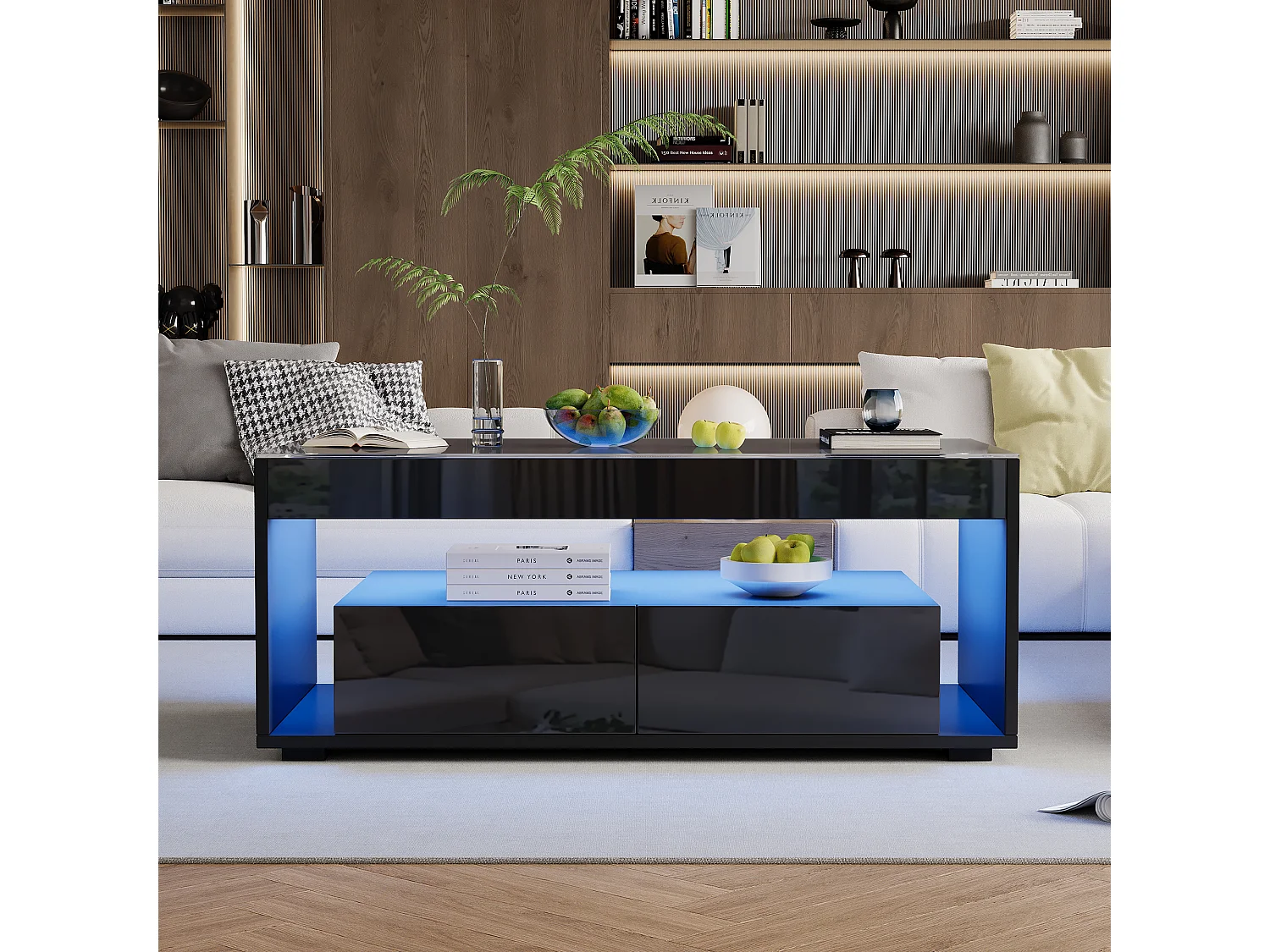 Table basse moderne avec éclairage LED 16 couleurs, 2 tiroirs spacieux, verre trempé et panneau de particules, noir (110x50x40cm)