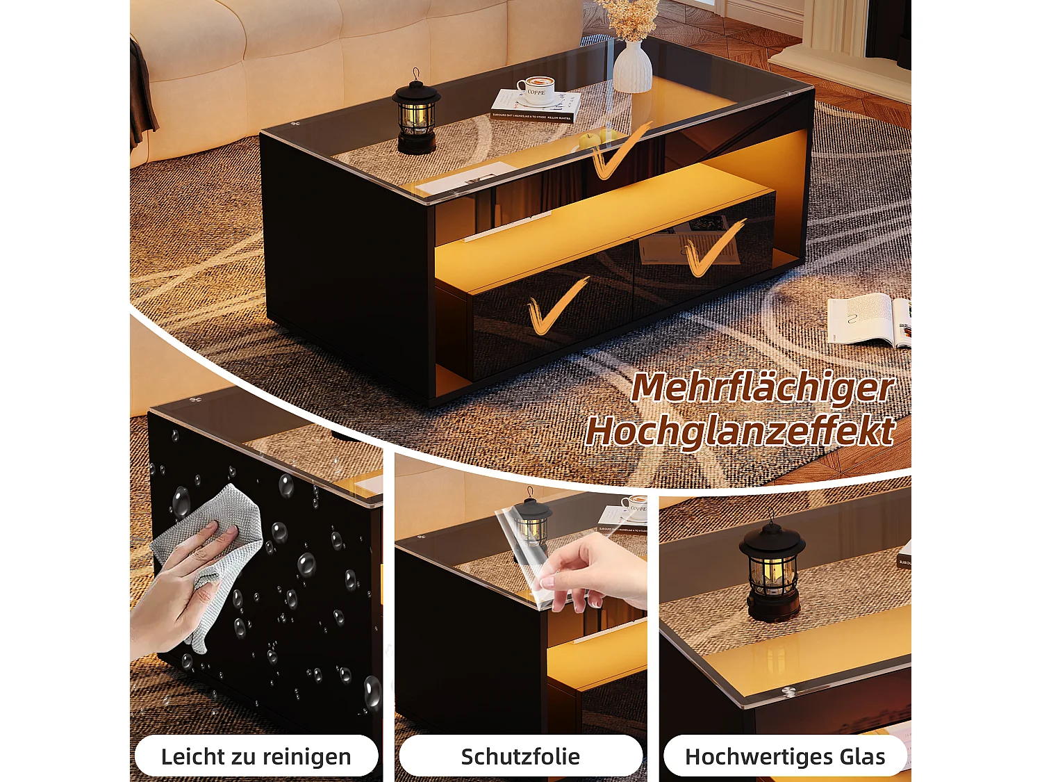 Table basse moderne avec éclairage LED 16 couleurs, 2 tiroirs spacieux, verre trempé et panneau de particules, noir (110x50x40cm)