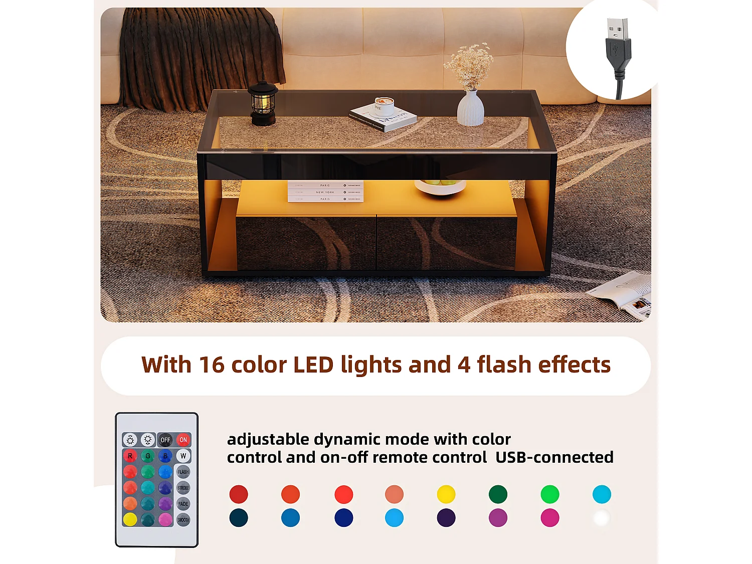 Table basse moderne avec éclairage LED 16 couleurs, 2 tiroirs spacieux, verre trempé et panneau de particules, noir (110x50x40cm)