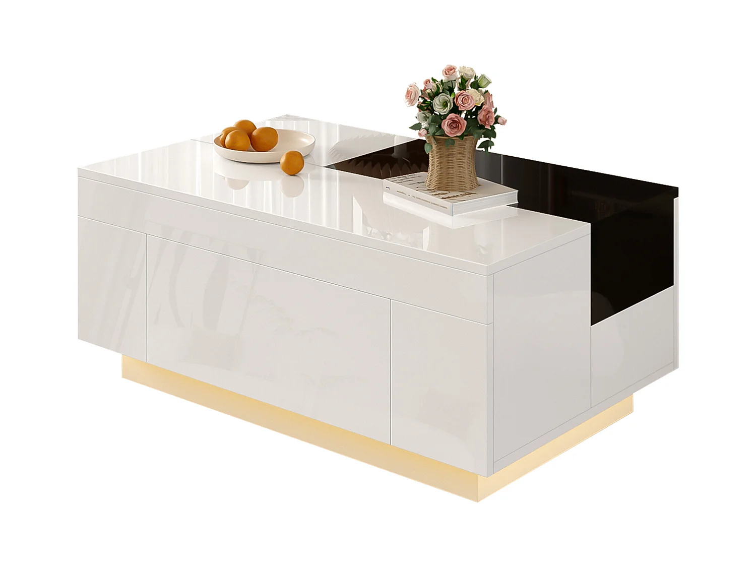 Table basse design avec éclairage LED, plateau extensible noir et blanc, MDF, 80x50x35.5 cm