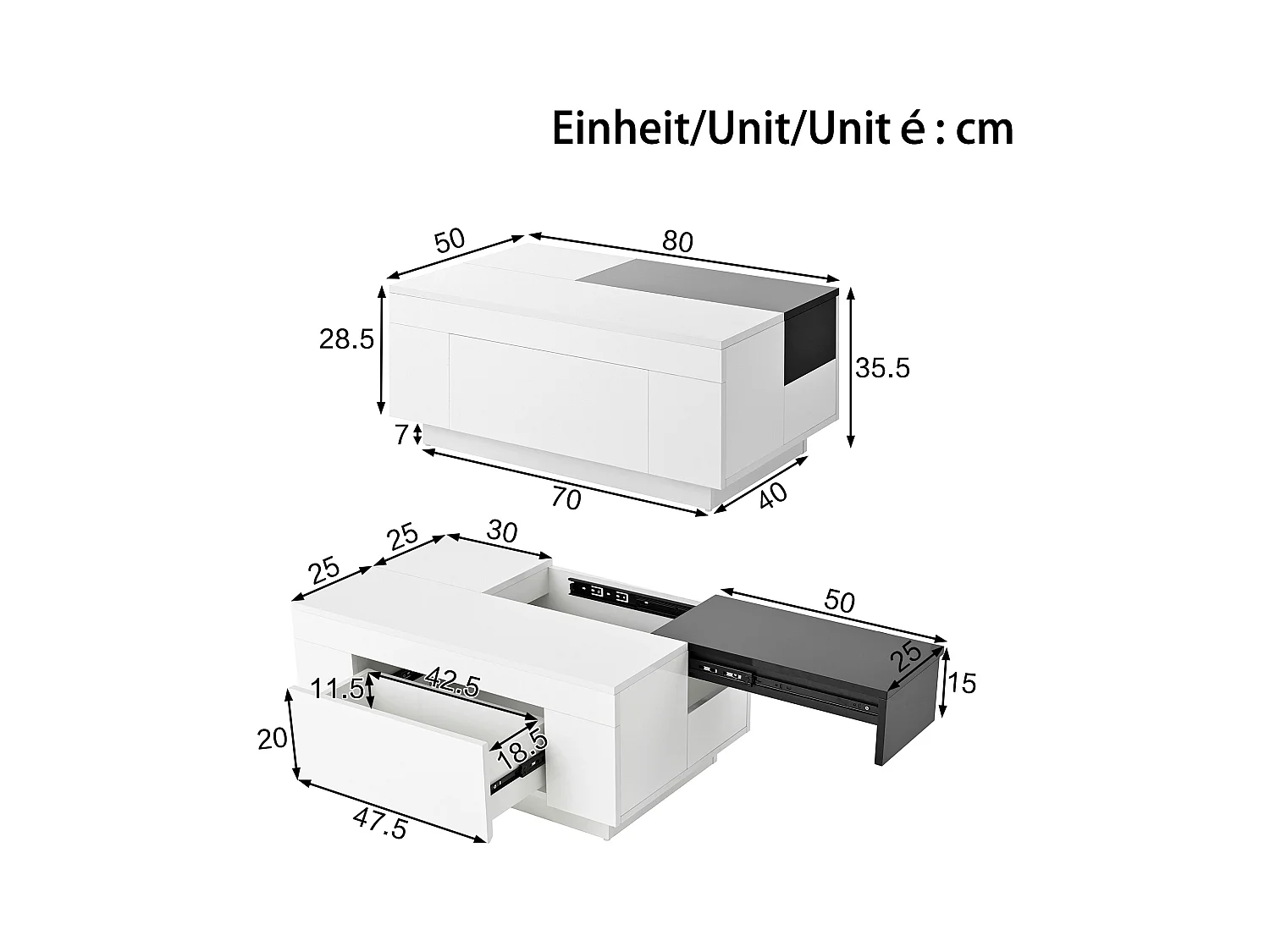 Table basse design avec éclairage LED, plateau extensible noir et blanc, MDF, 80x50x35.5 cm