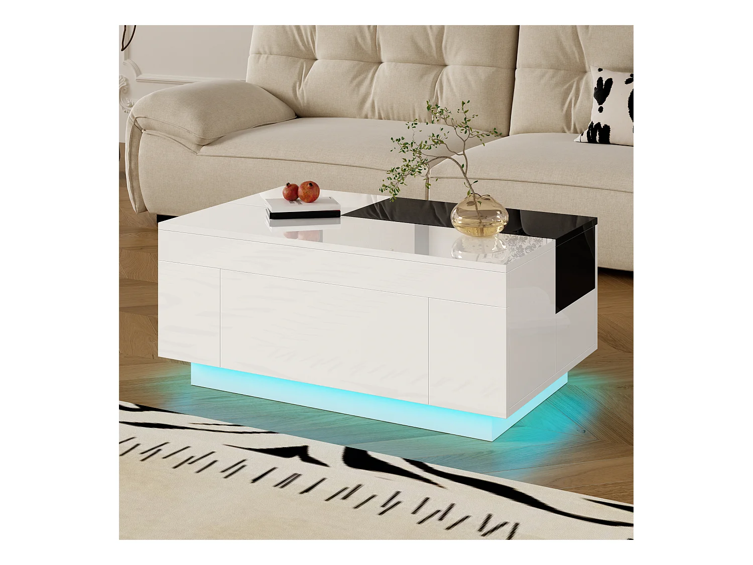 Table basse design avec éclairage LED, plateau extensible noir et blanc, MDF, 80x50x35.5 cm