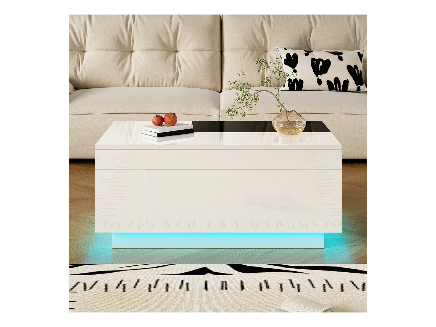 Table basse design avec éclairage LED, plateau extensible noir et blanc, MDF, 80x50x35.5 cm
