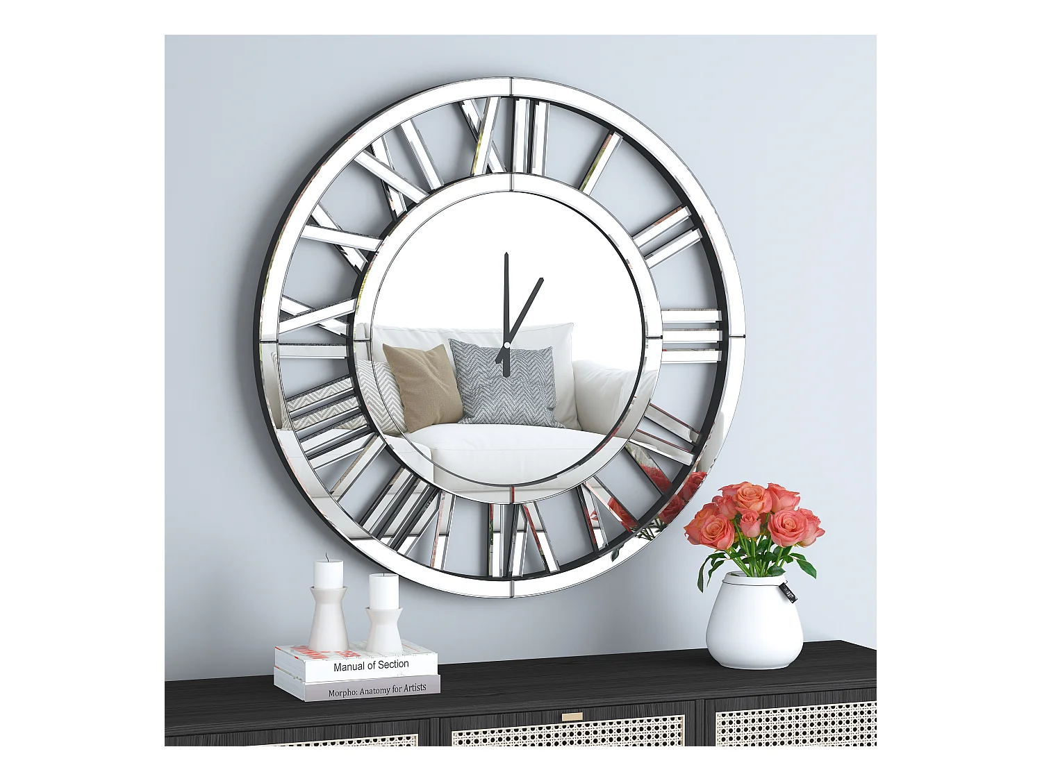 Horloge murale ronde contemporaine en verre, design minimaliste, MDF et verre, argenté (80x4.2x80 cm)