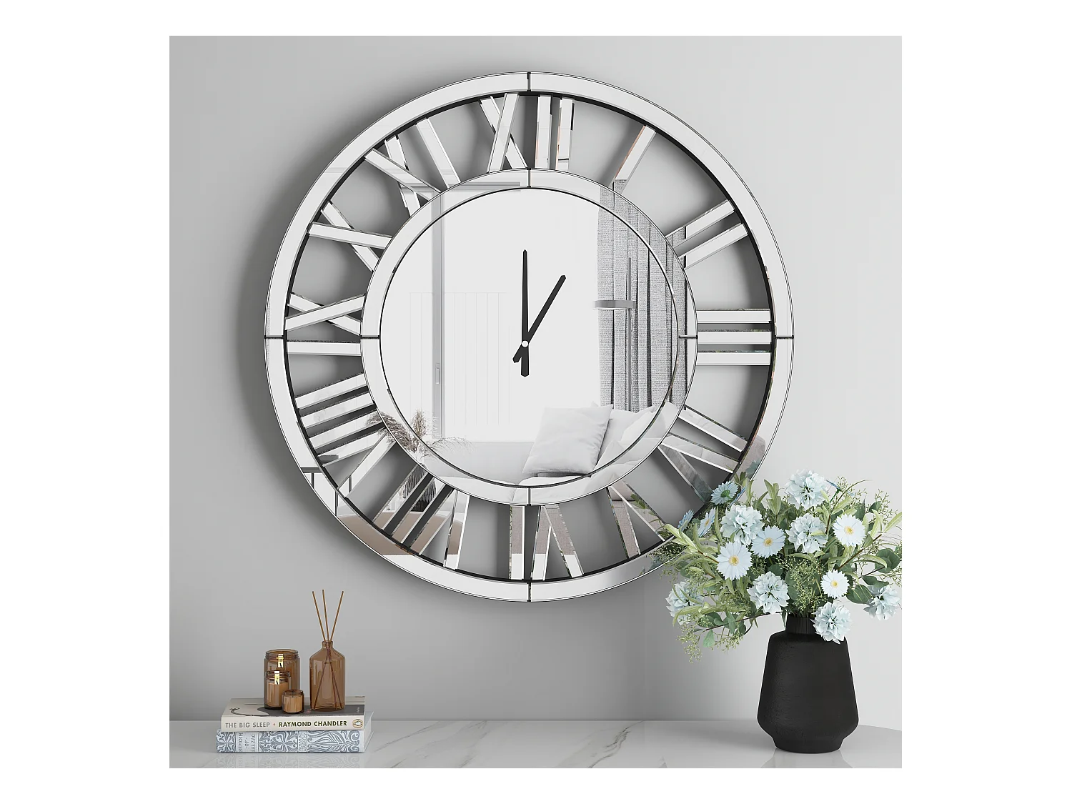 Horloge murale ronde contemporaine en verre, design minimaliste, MDF et verre, argenté (80x4.2x80 cm)