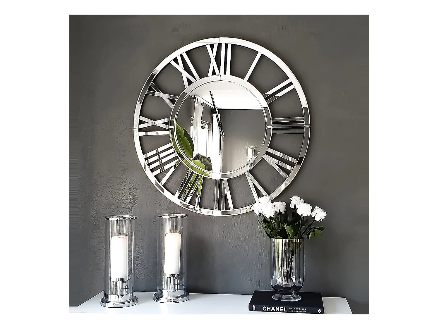 Horloge murale ronde contemporaine en verre, design minimaliste, MDF et verre, argenté (80x4.2x80 cm)