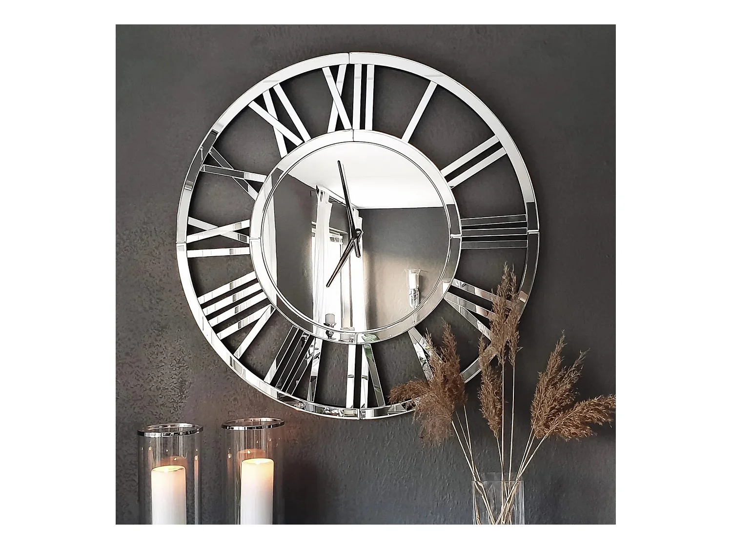 Horloge murale ronde contemporaine en verre, design minimaliste, MDF et verre, argenté (80x4.2x80 cm)