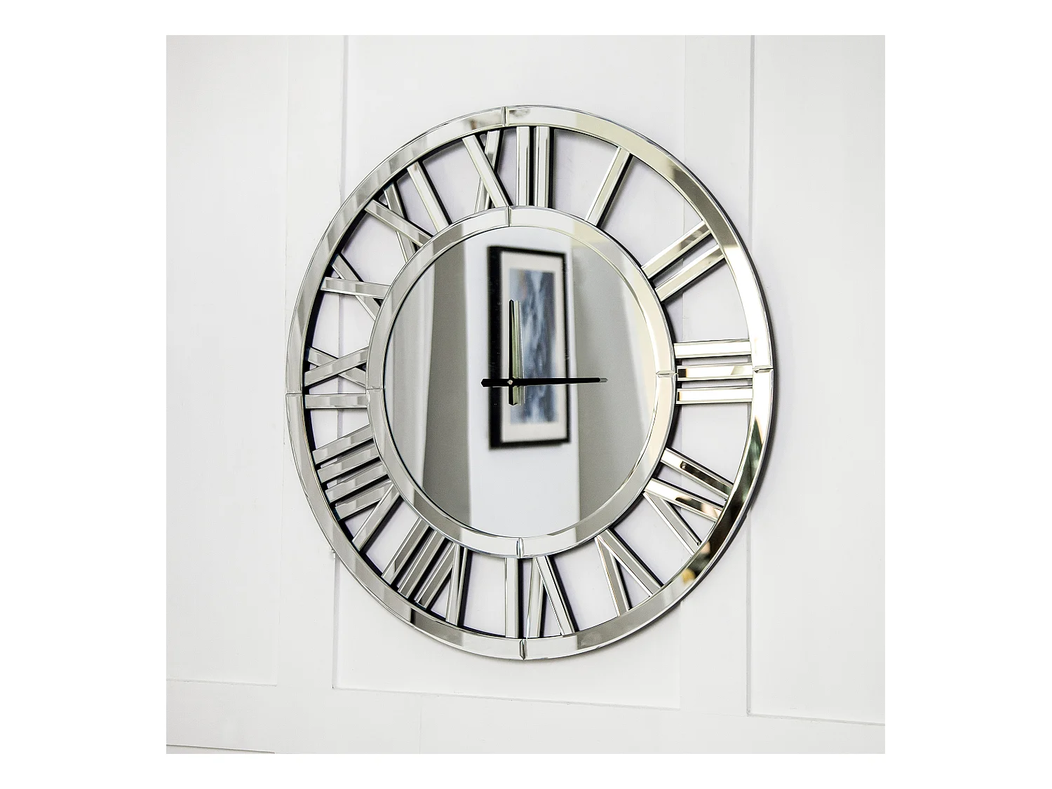Horloge murale ronde contemporaine en verre, design minimaliste, MDF et verre, argenté (80x4.2x80 cm)