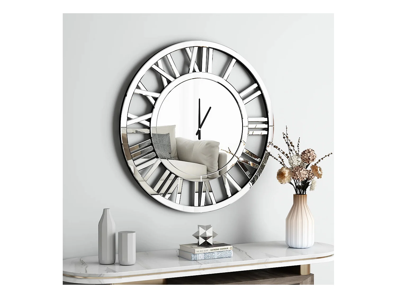 Reloj de pared redondo contemporáneo de cristal, diseño minimalista, MDF y cristal, plateado (80 x 4,2 x 80 cm)